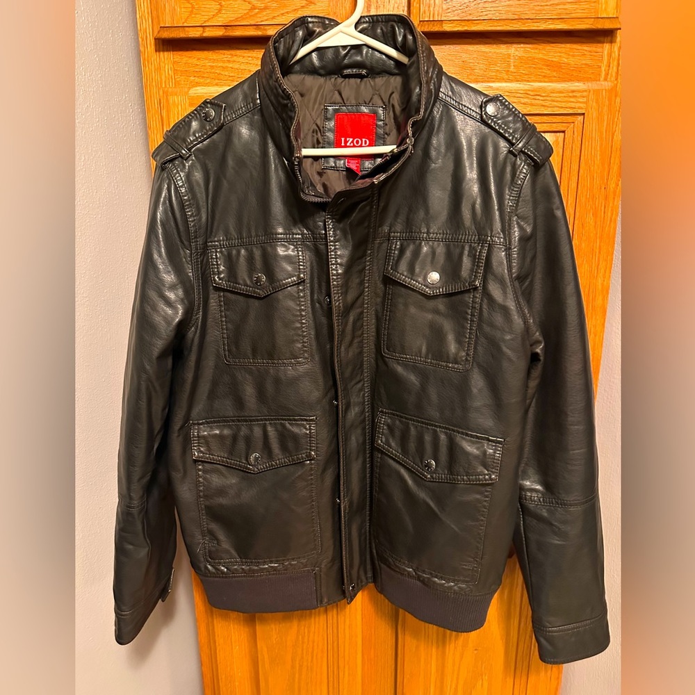 Izod Men’s Medium PLeather Bomber Motorcycle Jacket Black